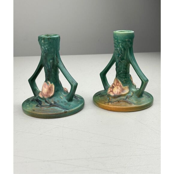 Antique Roseville Art Pottery 1157 Magnolia Pattern Candle Stick Holder Pair EW2 - Picture 2 of 8